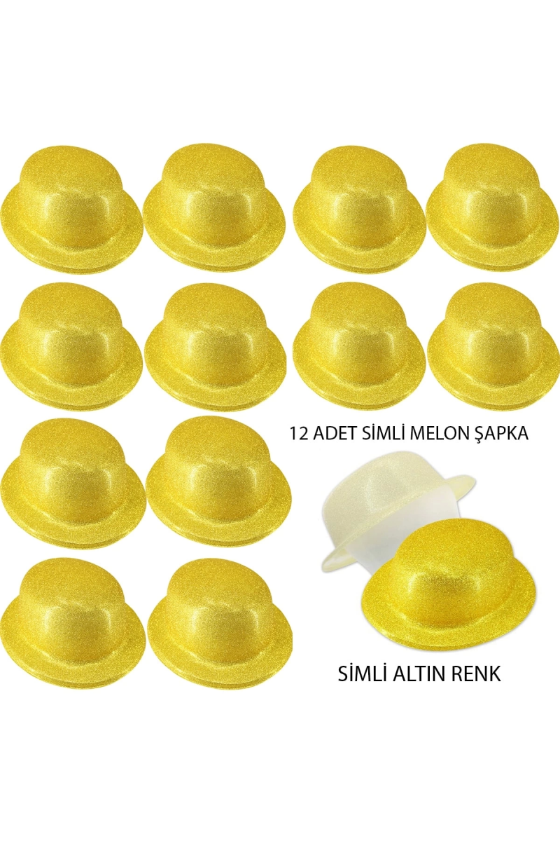 Altın Renk Simli Melon Yuvarlak Parti Şapkası 12 Adet