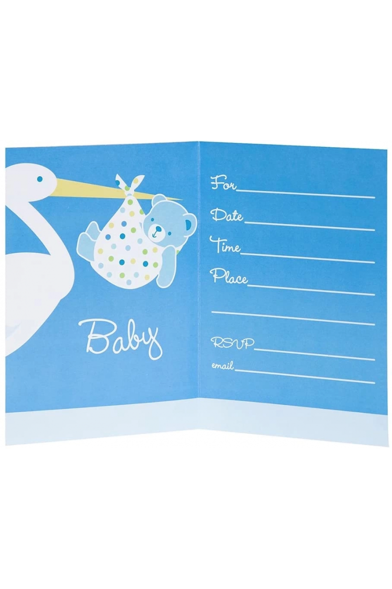 Baby Boy Stork Temalı Mavi Renk Baby Shower Davetiye 8 Adet