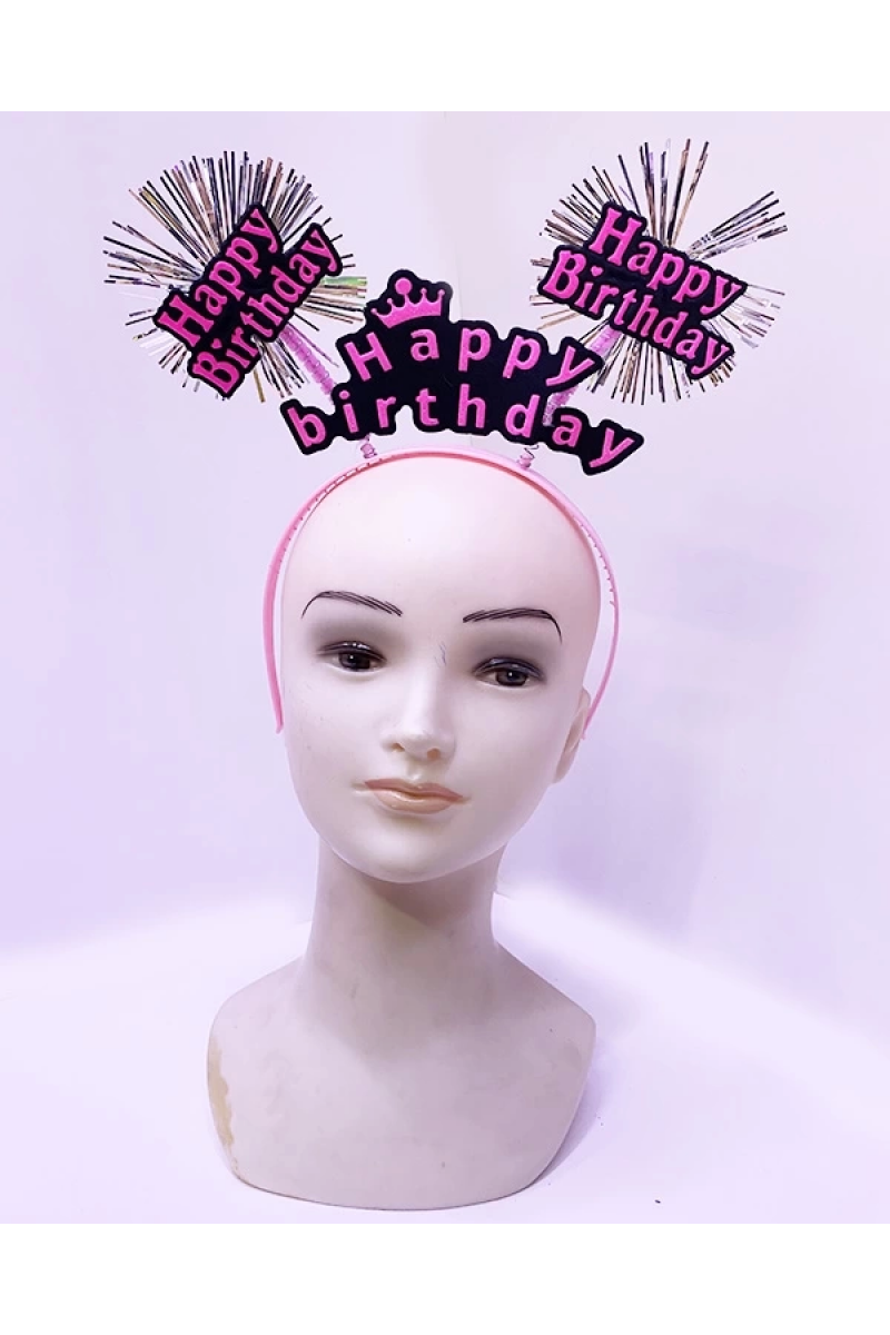 Happy Birthday Püsküllü Neon Pembe Renk Doğum Günü Tacı 22x19 Cm