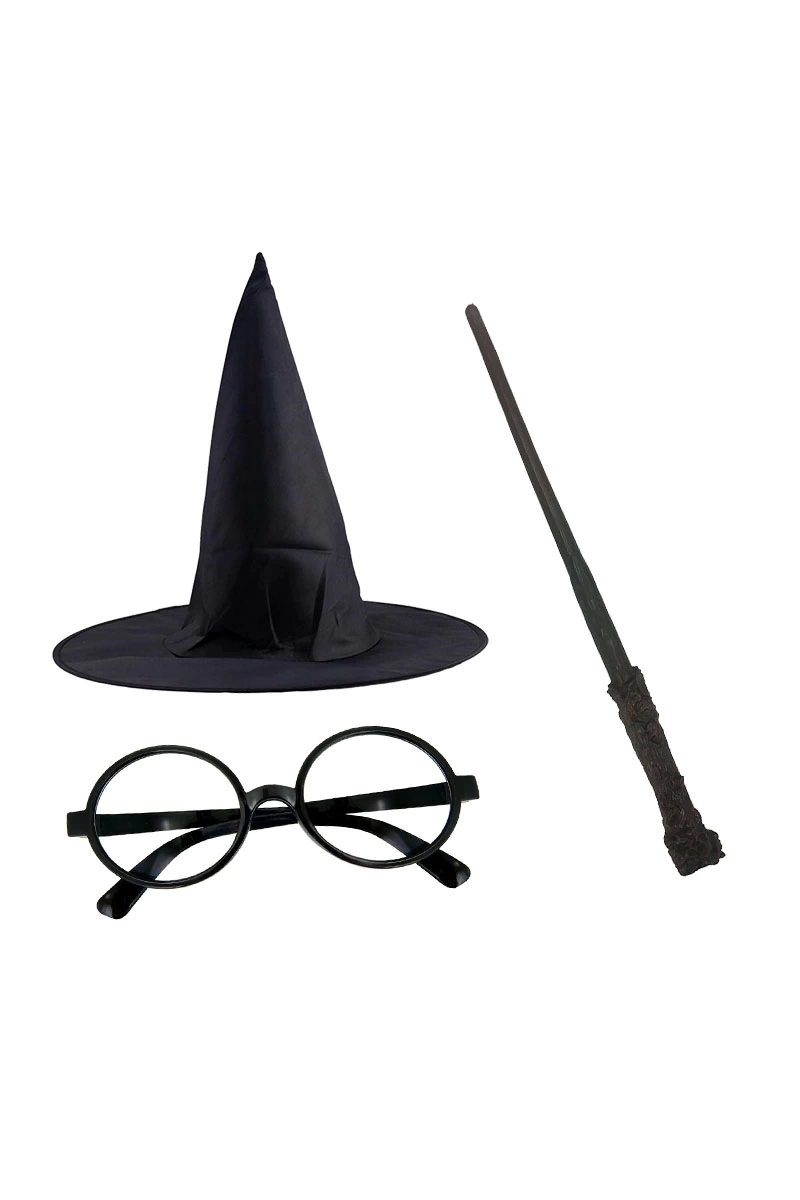 Harry Potter Siyah Şapkası Harry Potter Gözlüğü Harry Potter Asası 3 Lü Set