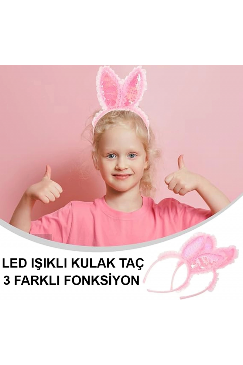 Kenarları Dantelli Pembe Pullu Payetli Led Işıklı Tavşan Kulak Taç 23x19 Cm