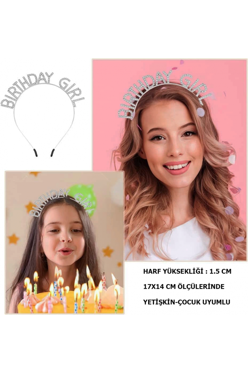 Kristal Taşlı Gümüş Birthday Girl Yazılı Doğum Günü Parti Tacı 19x11 Cm