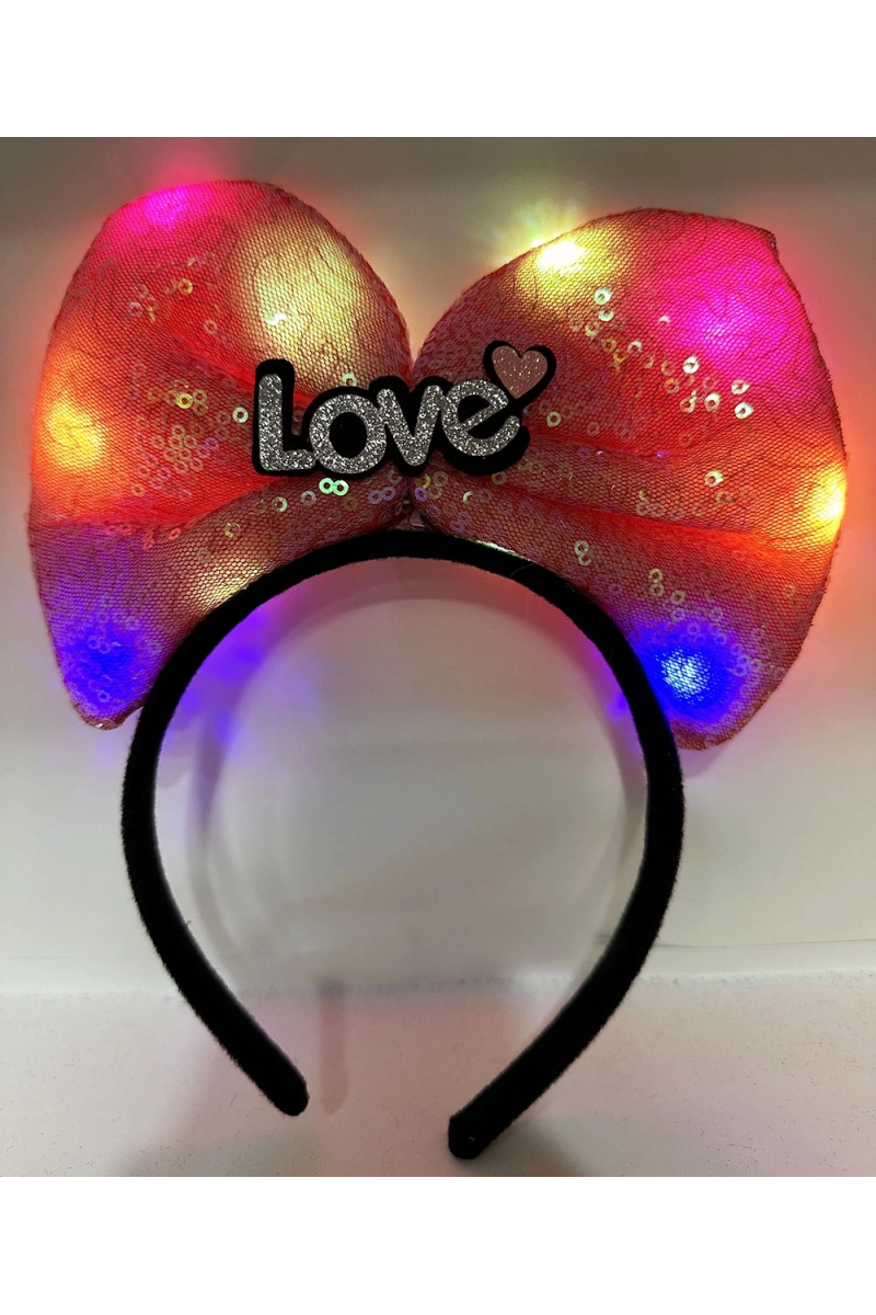 Led Işıklı 3 Farklı Fonksiyonda Yanan Gümüş Love Yazılı Fuşya Pembe Fiyonk Taç 20x17 Cm