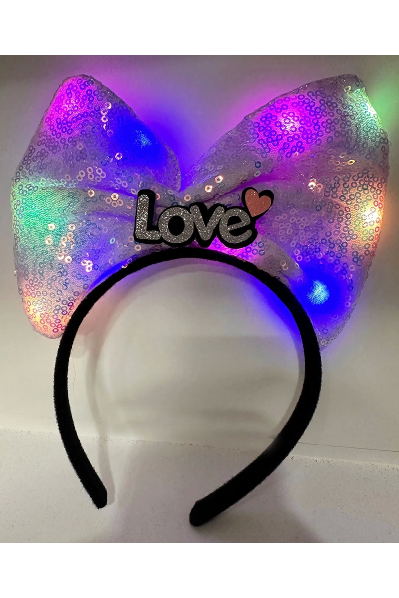 Led Işıklı 3 Farklı Fonksiyonda Yanan Gümüş Love Yazılı Lila Fiyonk Taç 20x17 Cm