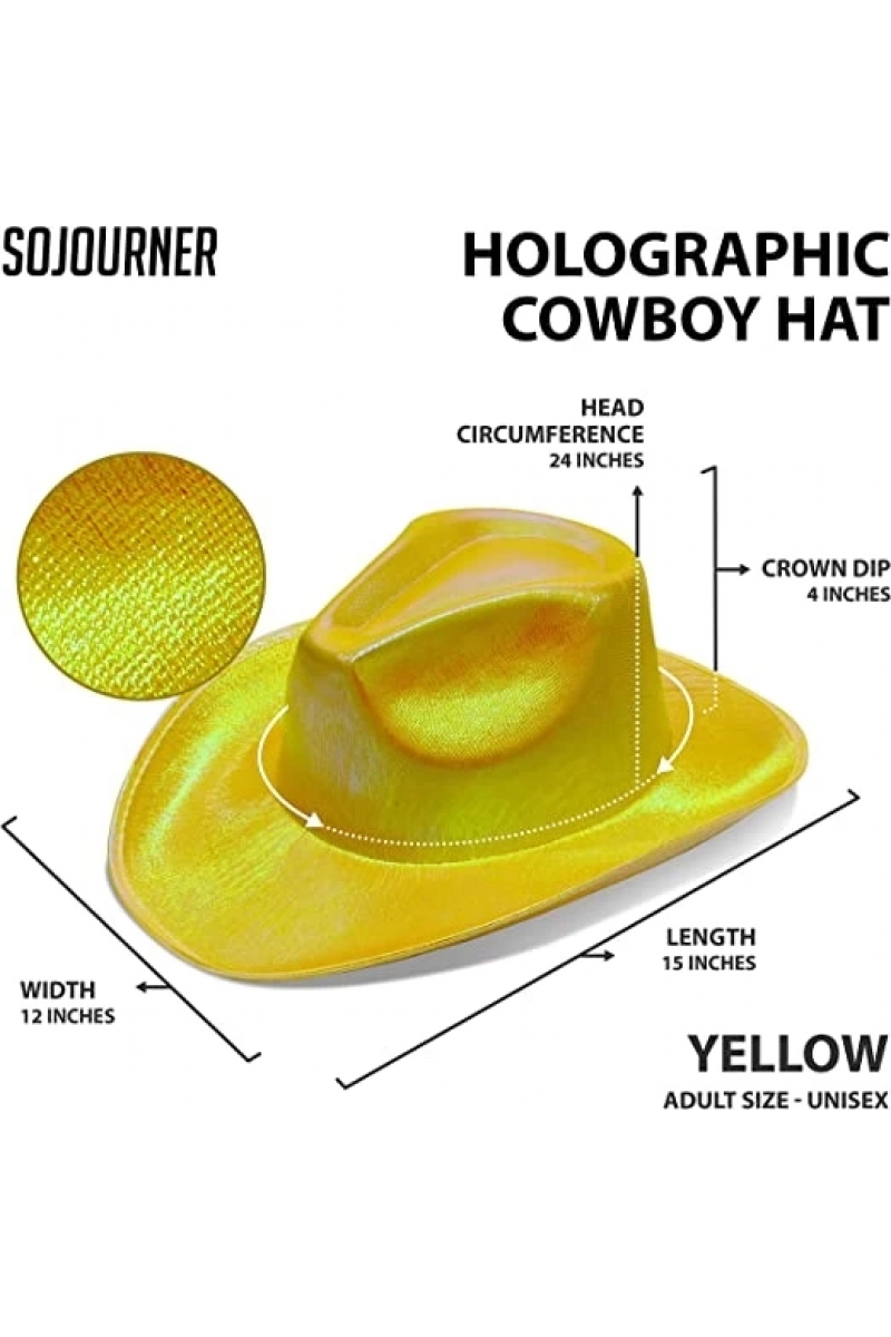 Neon Hologramlı Kovboy Model Parti Şapkası Sarı Yetişkin 39x36x14 Cm