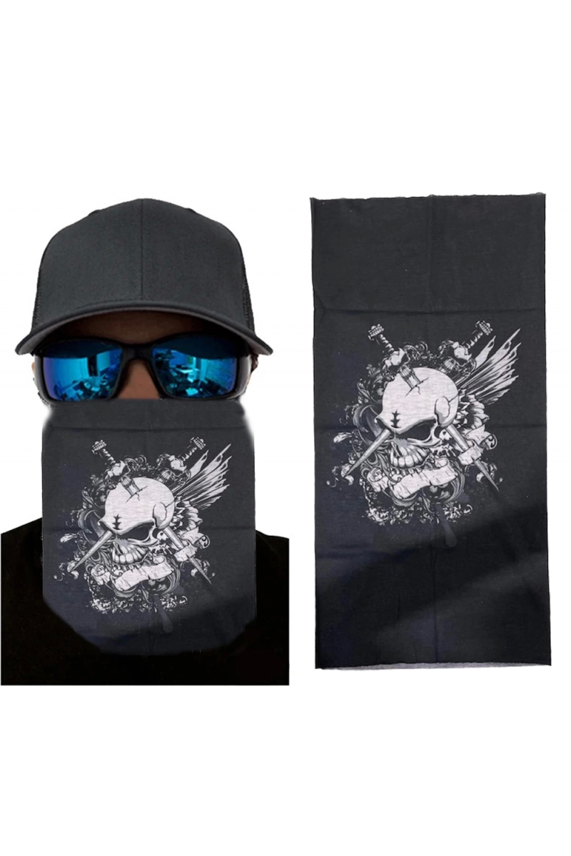 Siyah Renk Üzeri Likralı Beyaz Kafatası Kuru Kafa Baskılı Baf Buff Bandana 25x48 Cm