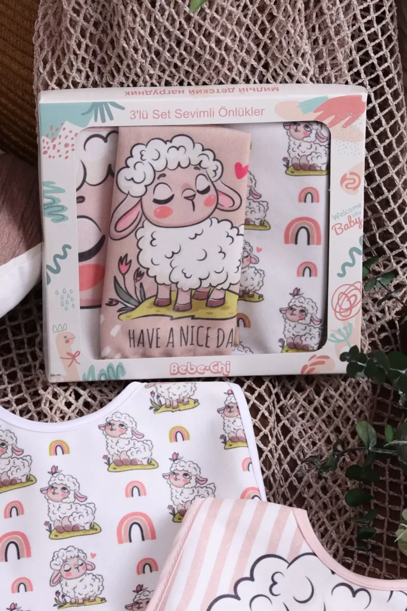 Kuzu Temalı Kare 3 Parça Microfiber Mama Önlüğü Kendi Kutusunda (sıvı Geçirmez) Çıtçıtlı