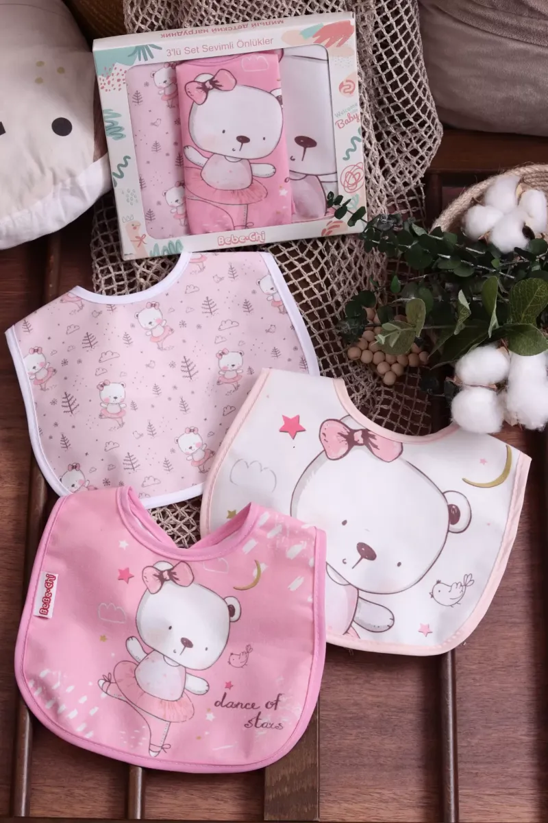 Pembe Ayı Temalı Kare 3 Parça Microfiber Mama Önlüğü Kendi Kutusunda (sıvı Geçirmez) Çıtçıtlı