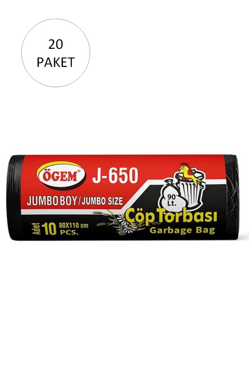 J-650 Jumbo Boy Çöp Torbası 80 x 110 cm 10 Lu Rulo x 20 Paket = 200 Adet (Siyah)