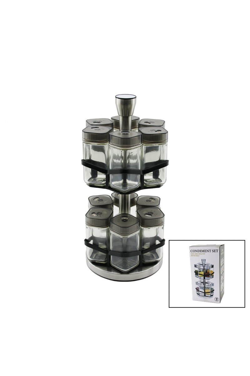 12PCS   KARE  CAM - PLASTİK KAPAK TUZLUK - BAHARATLIK  DÖNER STANDLI (4767)