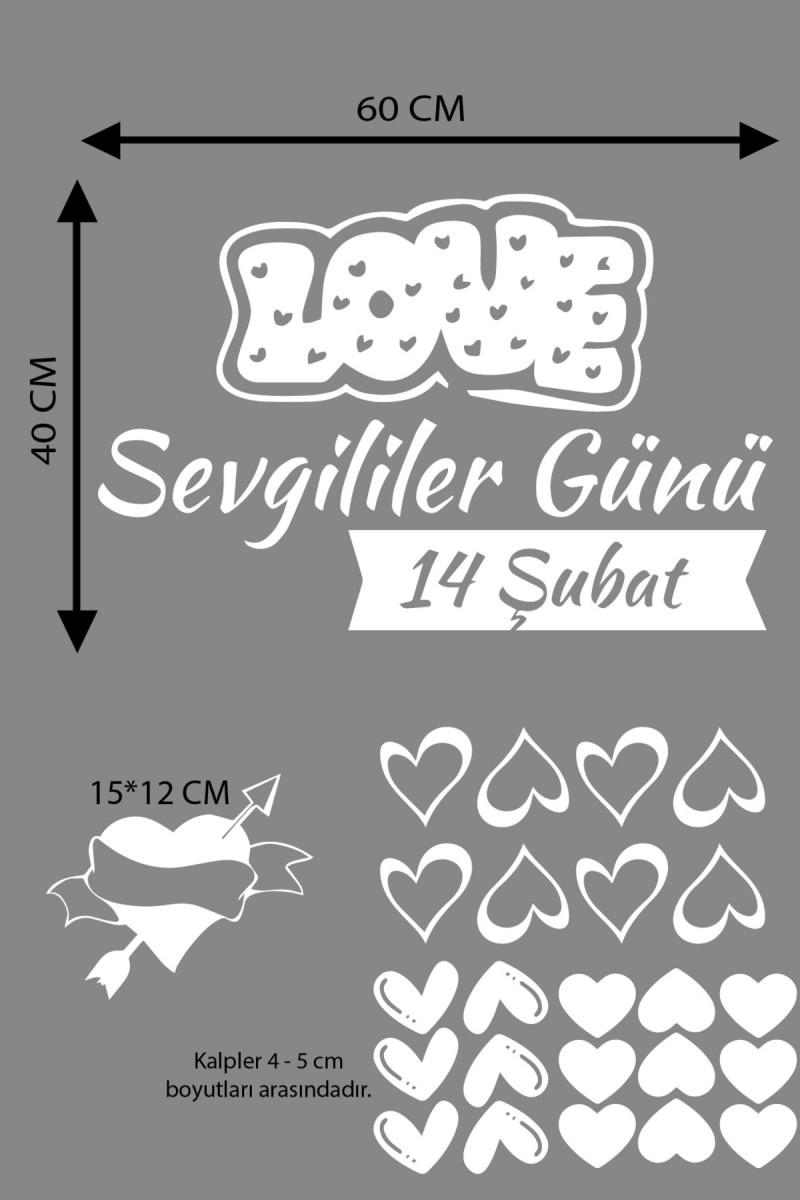 Happy Valentine's Day Sevgililer Günü Sticker Kalp, Love, I Love You Cam, Duvar Sticker Etiket Seti