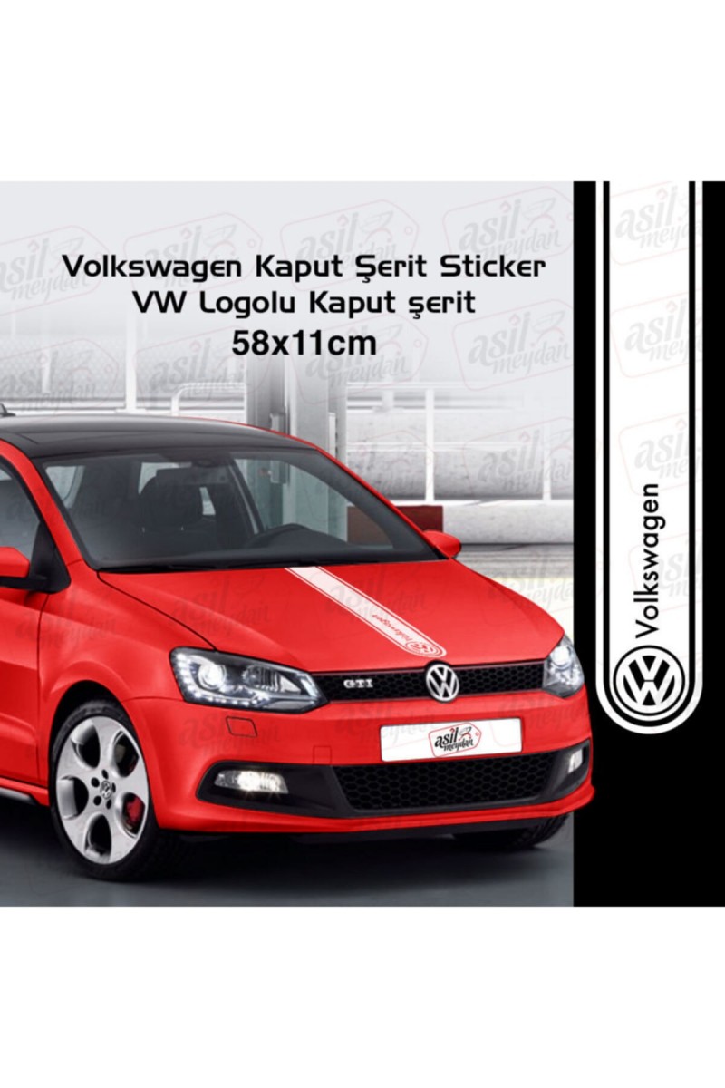 Volkswagen İçin Uyumlu Aksesuar Oto Kaput Şerit Sticker Vw Logolu Beyaz 58*11 Cm