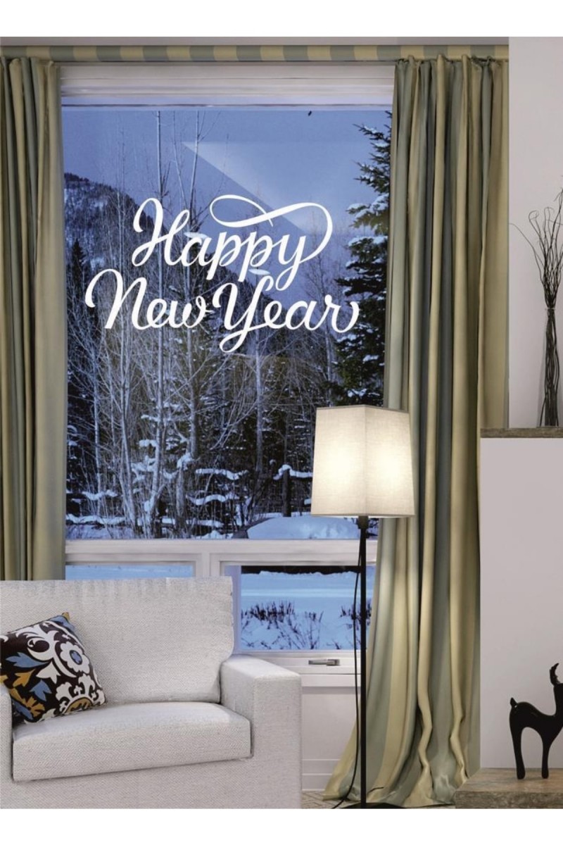 Happy New Year Temalı Vitrin Cam Sticker Beyaz Model 3 90X50 cm