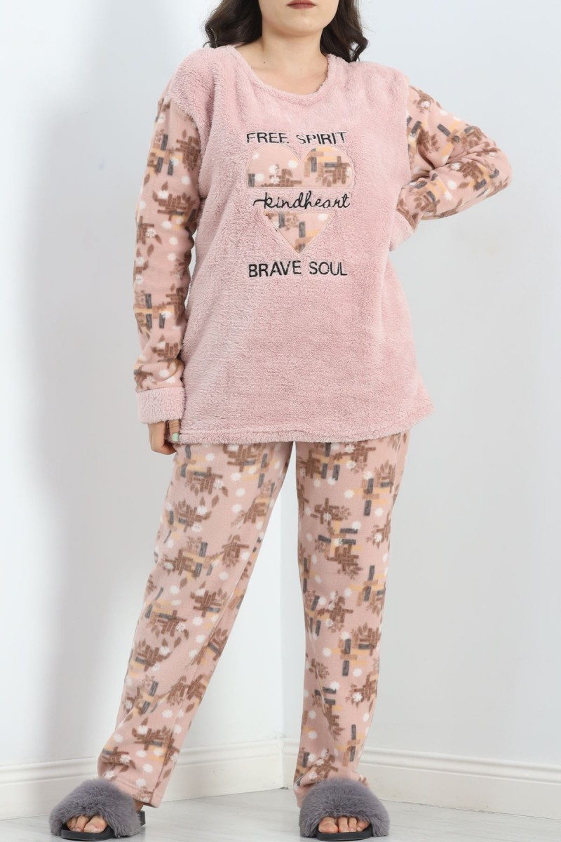 Battal Polar Pijama Takımı Pudra