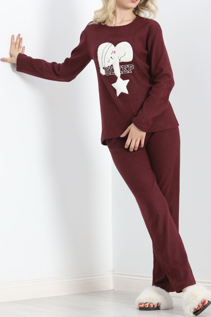 Nakışlı Fitilli Pijama Takımı Bordo