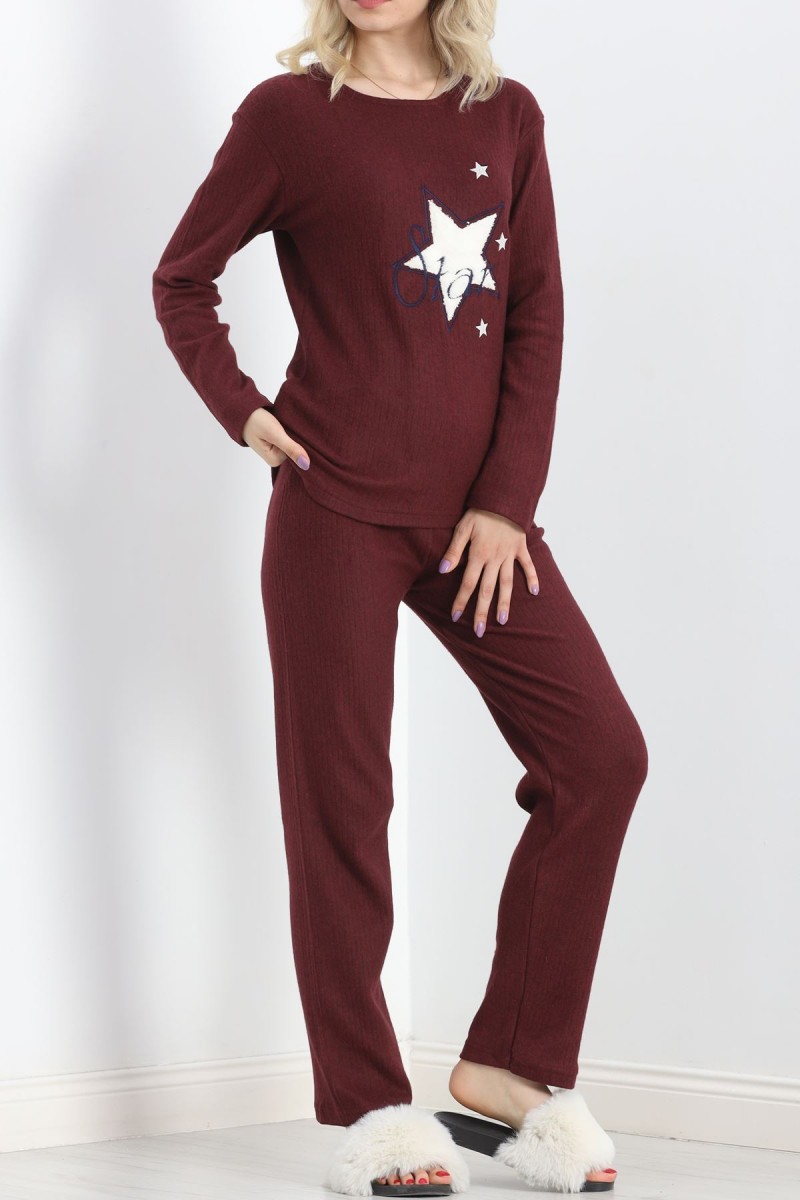 Nakışlı Fitilli Pijama Takımı Bordo1