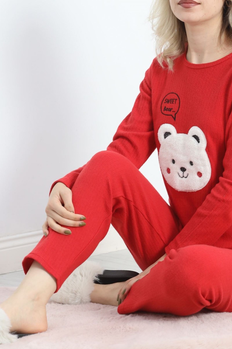 Nakışlı Fitilli Pijama Takımı Kırmızı