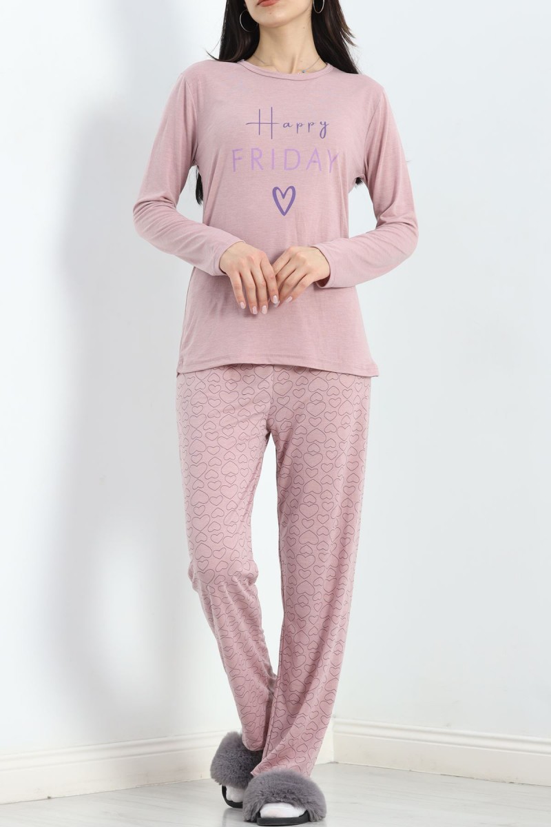 Baskılı Poliviskon Pijama Takımı Koyupembe