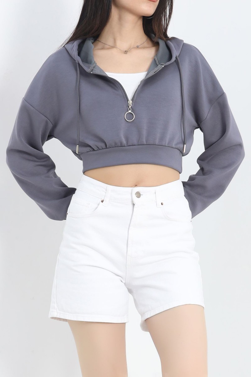 Modal Kapşonlu Crop Sweat Antrasit