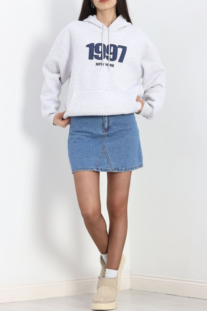 Kot Nakışlı Oversize 3 İplik Sweat Gri