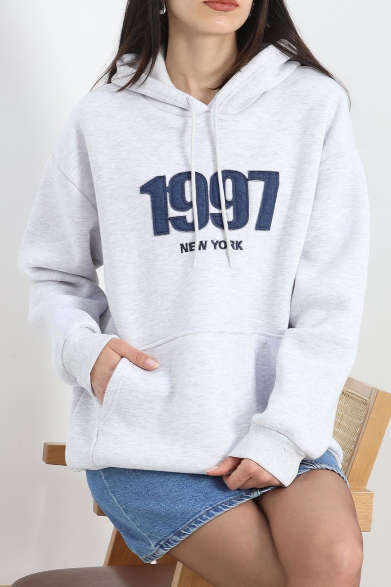 Kot Nakışlı Oversize 3 İplik Sweat Gri