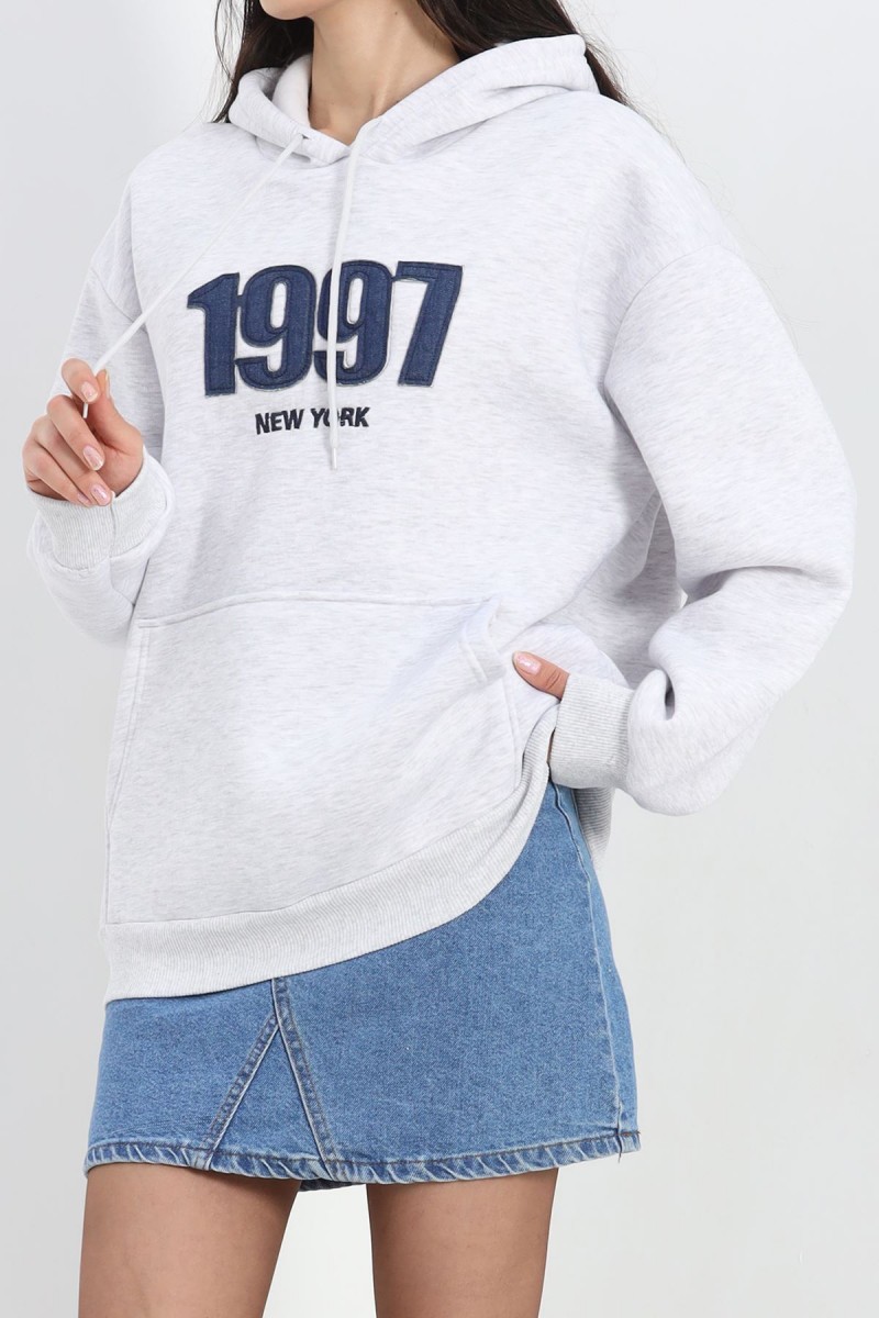 Kot Nakışlı Oversize 3 İplik Sweat Gri