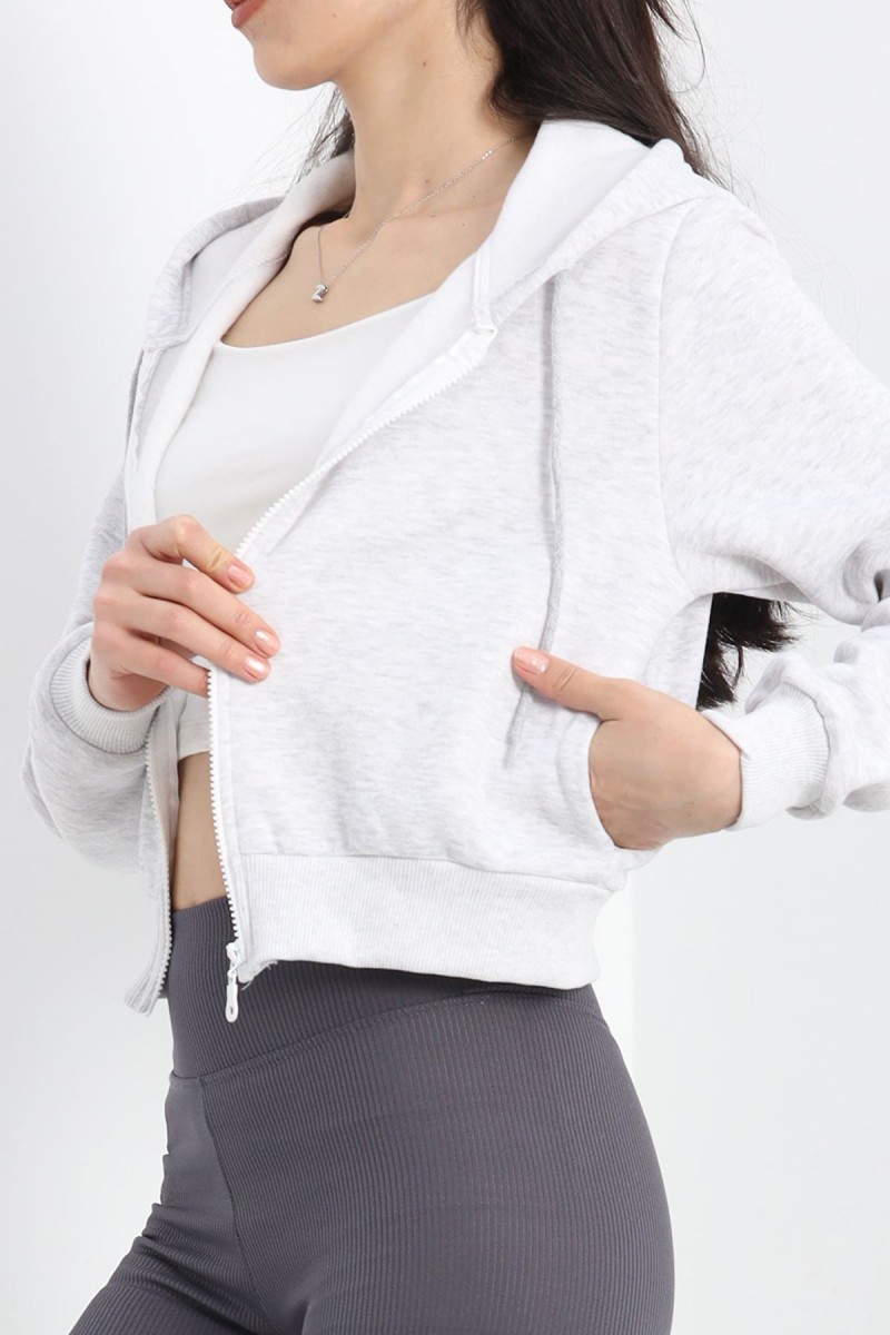 Kapşonlu Crop Sweat Gri