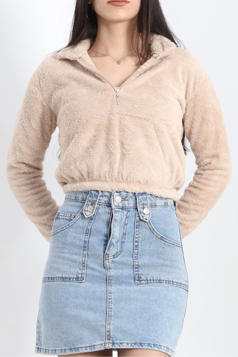 Fermuarlı Crop Peluş Sweat Bej