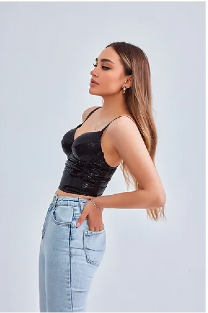 Baskılı Soft Lycralı Crop Top Balenli Push Up