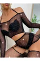 Kadın Göğüs Dekolteli Taşlı Jartiyer Bodysuit Vucut Çorabı