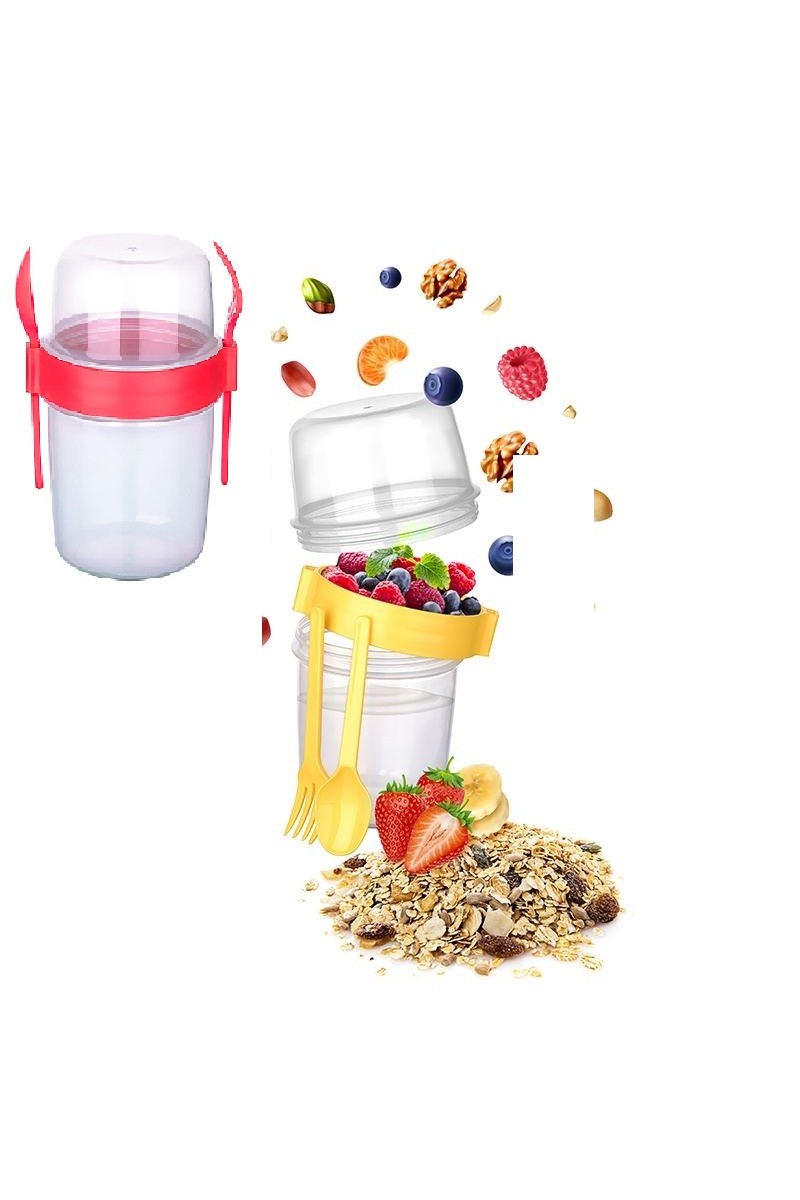 Çift Hazneli - Çatal Kaşıklı Portatif Müsli -Atıştırmalık Kabı 800 ML (125125)